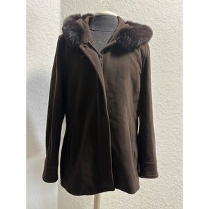 VTG‎ Sacbi Collection Womens Brown Wool Blend Hooded Coat Real Fur Trim Size M